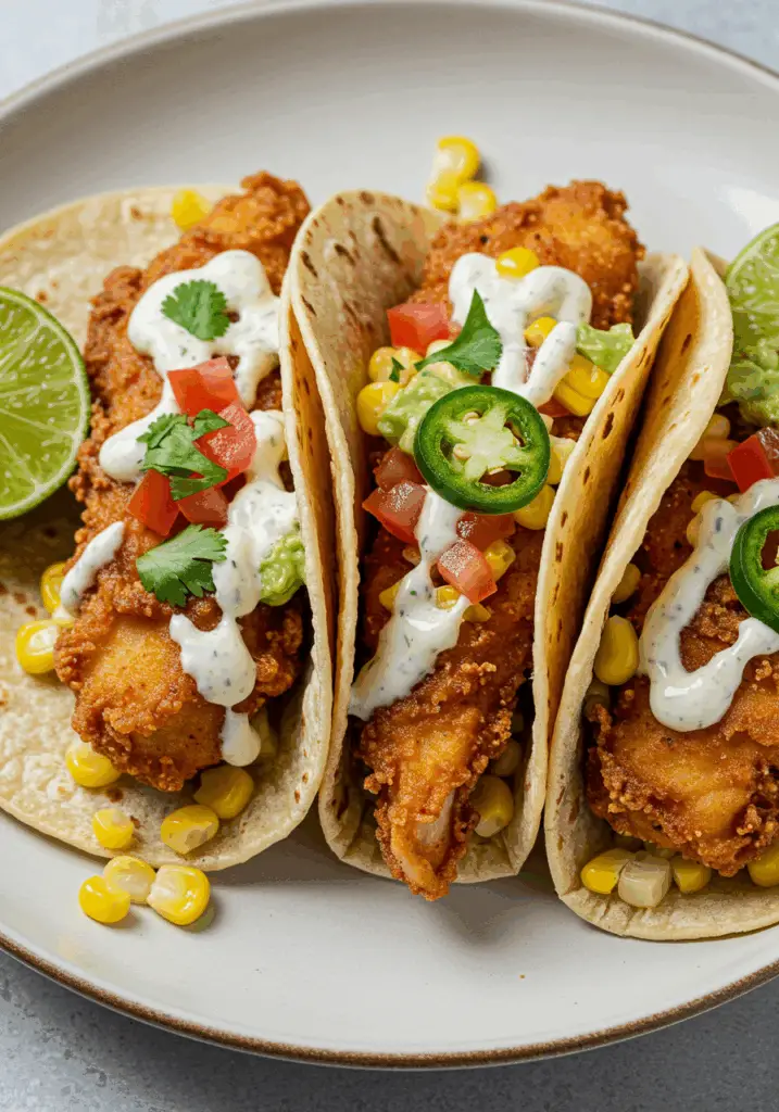 Fried Chicken Street Corn Taco with Jalapeno Lime Ranch

