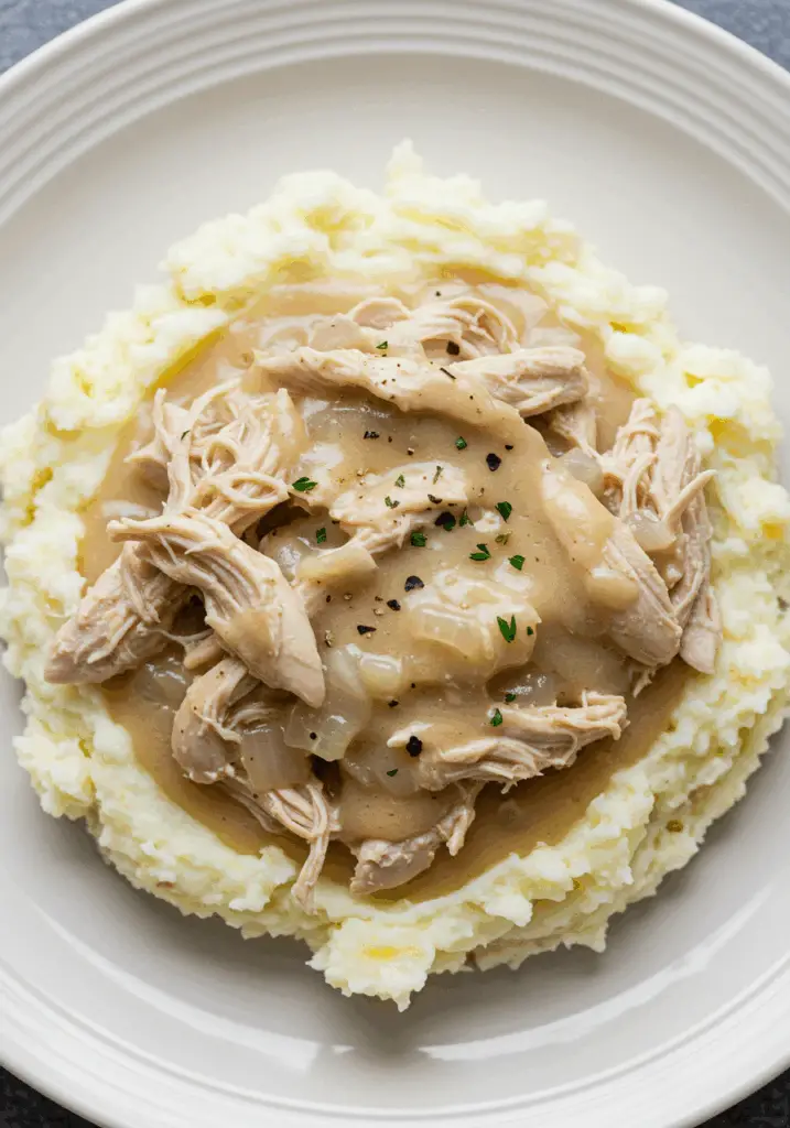 Shredded Chicken Gravy on Mashed Potatoes