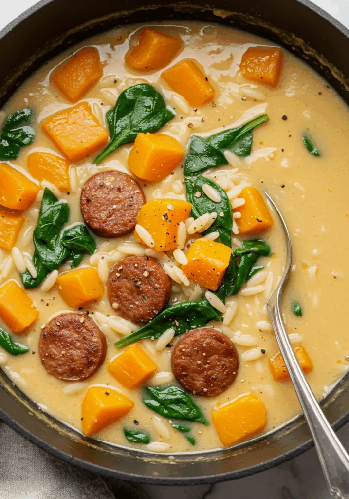 Creamy Butternut Squash and Beef Sausage Soup with Orzo and Spinach