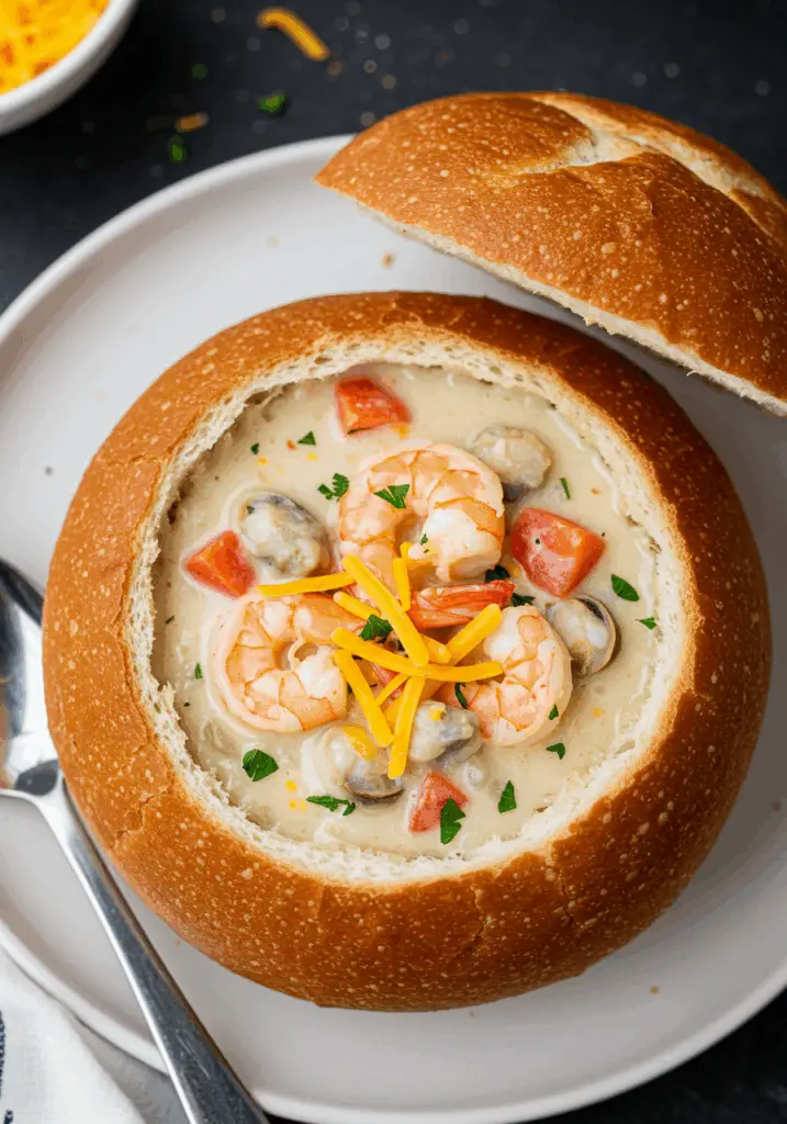 Cheesy Seafood Soup Bread Bowl
