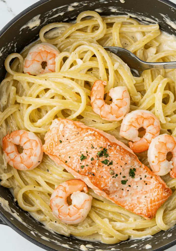 Salmon and Shrimp Alfredo
