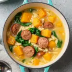 Creamy Butternut Squash and Beef Sausage Soup with Orzo and Spinach