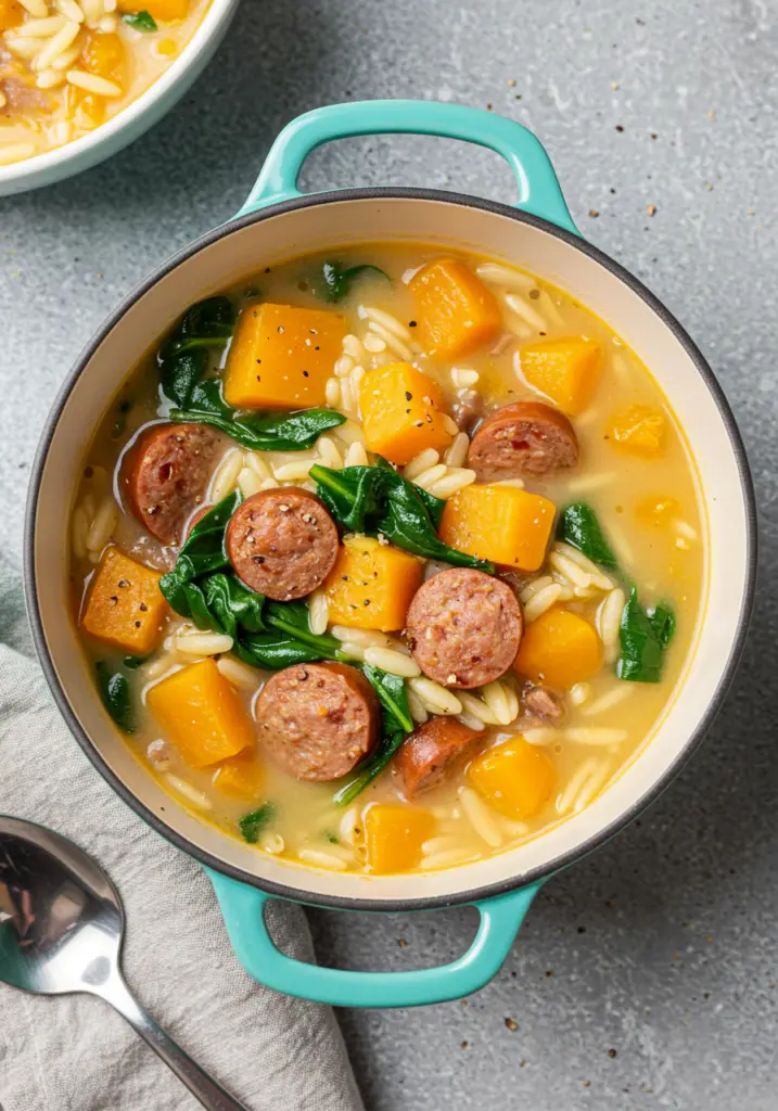 Creamy Butternut Squash and Beef Sausage Soup with Orzo and Spinach