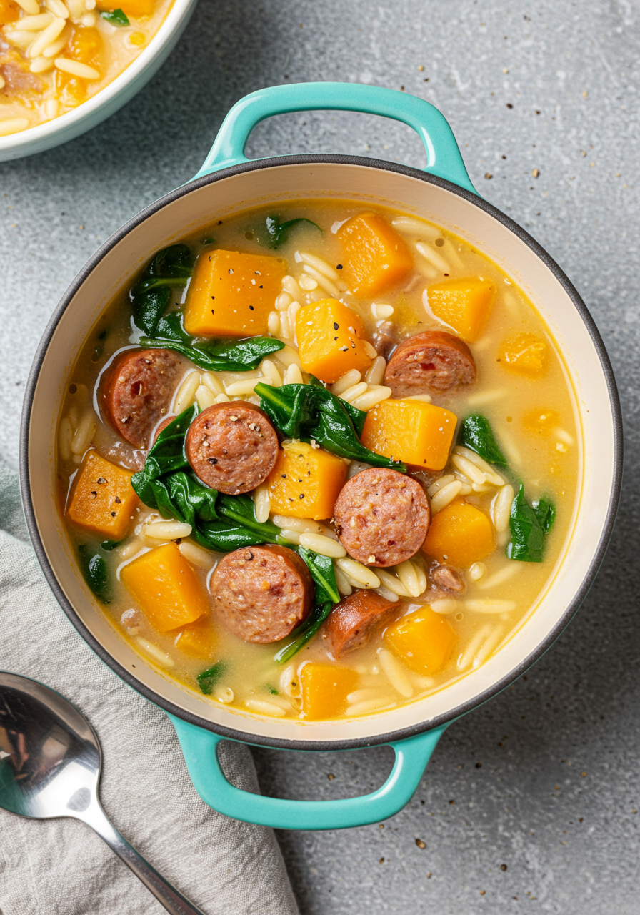Creamy Butternut Squash and Beef Sausage Soup with Orzo and Spinach
