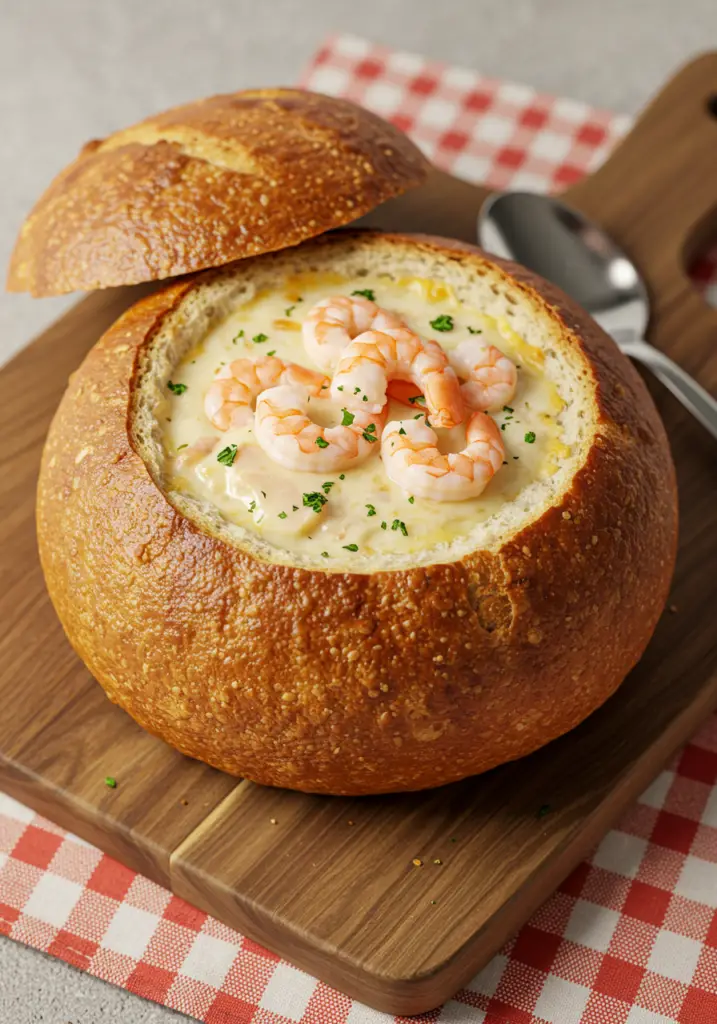 Cheesy Seafood Soup Bread Bowl