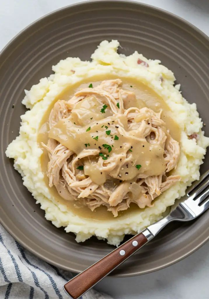 Shredded Chicken Gravy on Mashed Potatoes