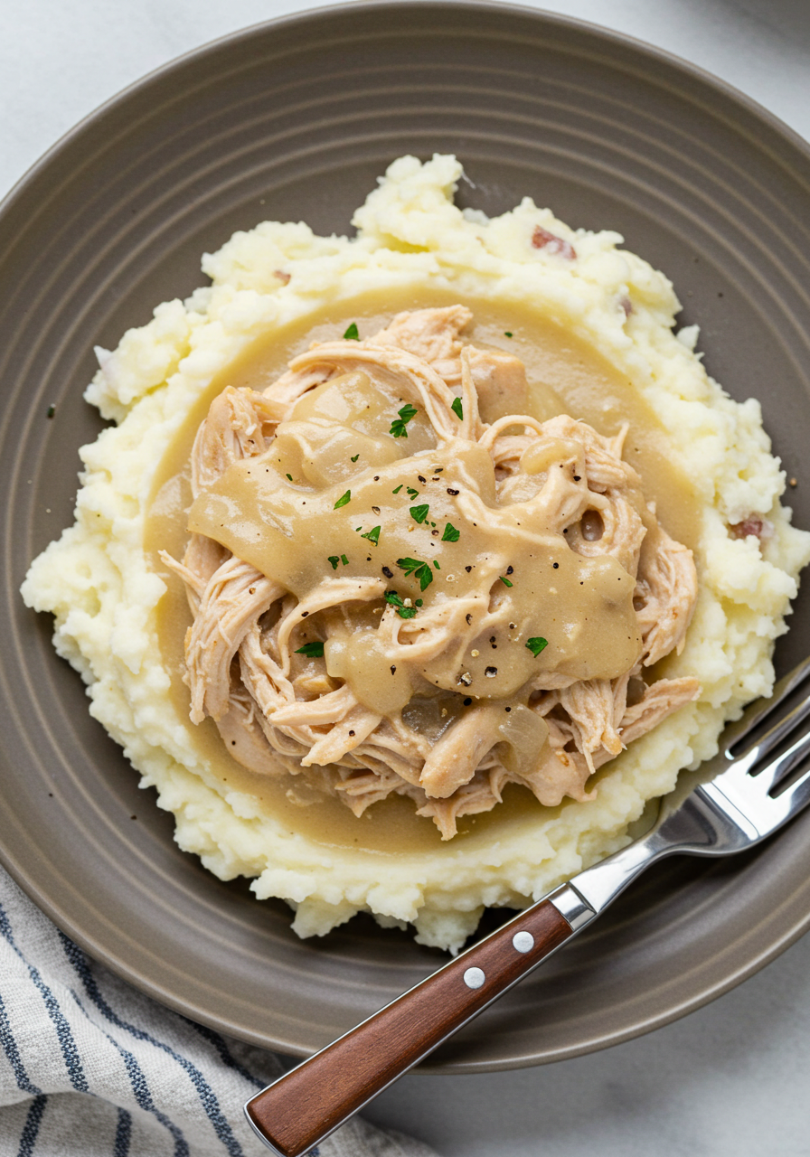 Shredded Chicken Gravy on Mashed Potatoes