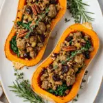 Turkey Sausage-Stuffed Butternut Squash with Spinach