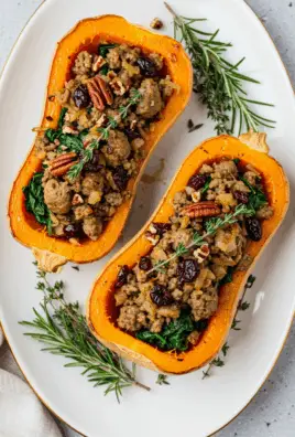 Turkey Sausage-Stuffed Butternut Squash with Spinach