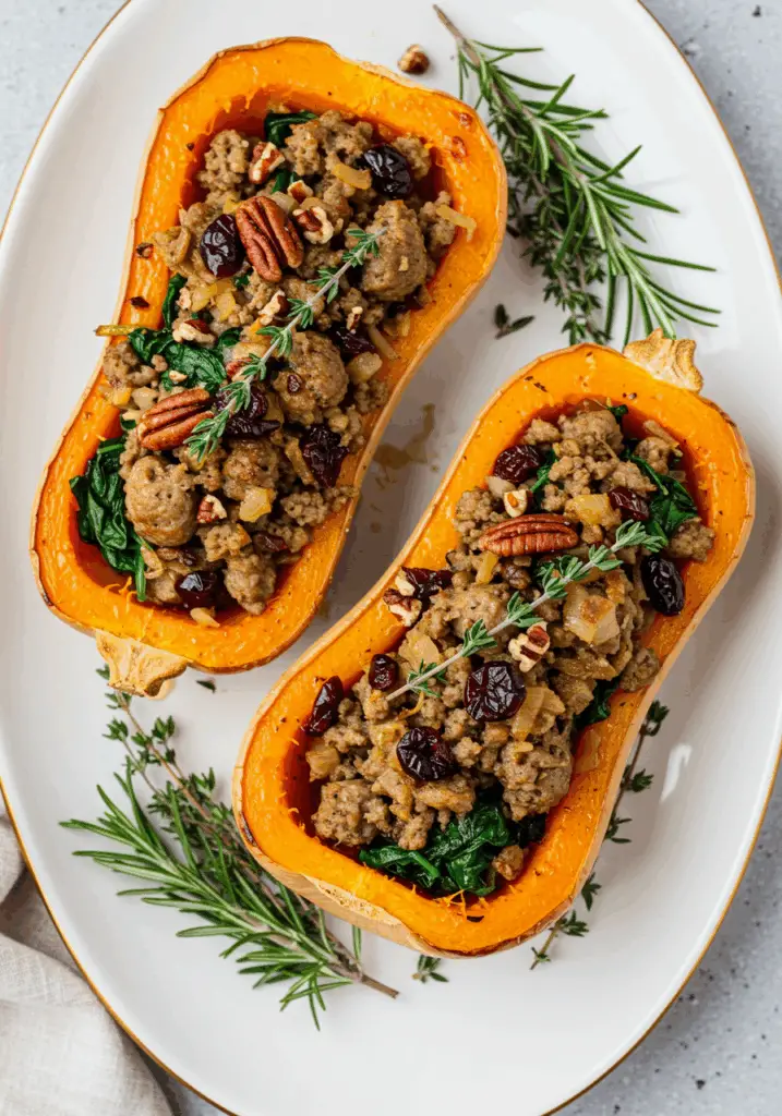 Turkey Sausage-Stuffed Butternut Squash with Spinach
