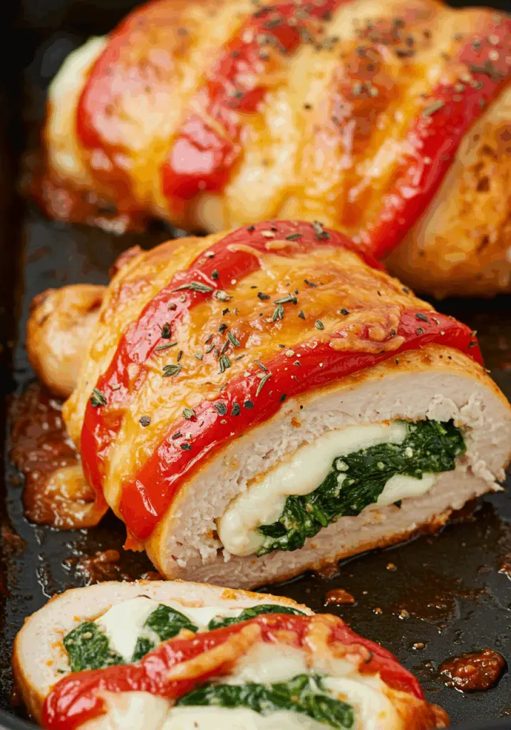 Roasted Red Pepper Spinach and Mozzarella Stuffed Chicken