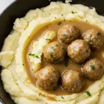 One Pot Mashed Potatoes with Meatballs & Gravy