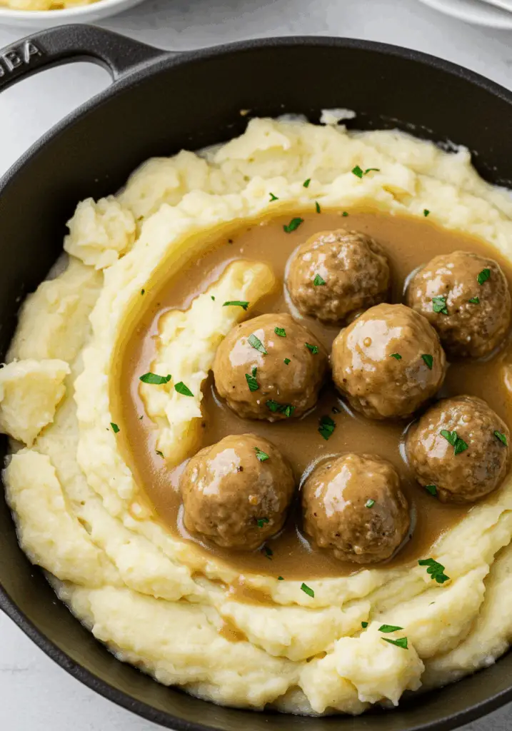 One Pot Mashed Potatoes with Meatballs & Gravy
