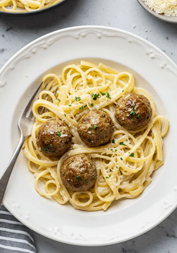 Garlic Butter Meatballs over Creamy Parmesan Linguine
