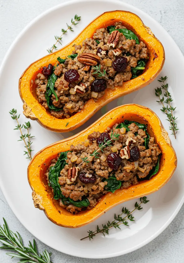 Turkey Sausage-Stuffed Butternut Squash with Spinach
