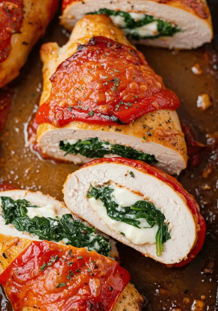 Roasted Red Pepper Spinach and Mozzarella Stuffed Chicken

