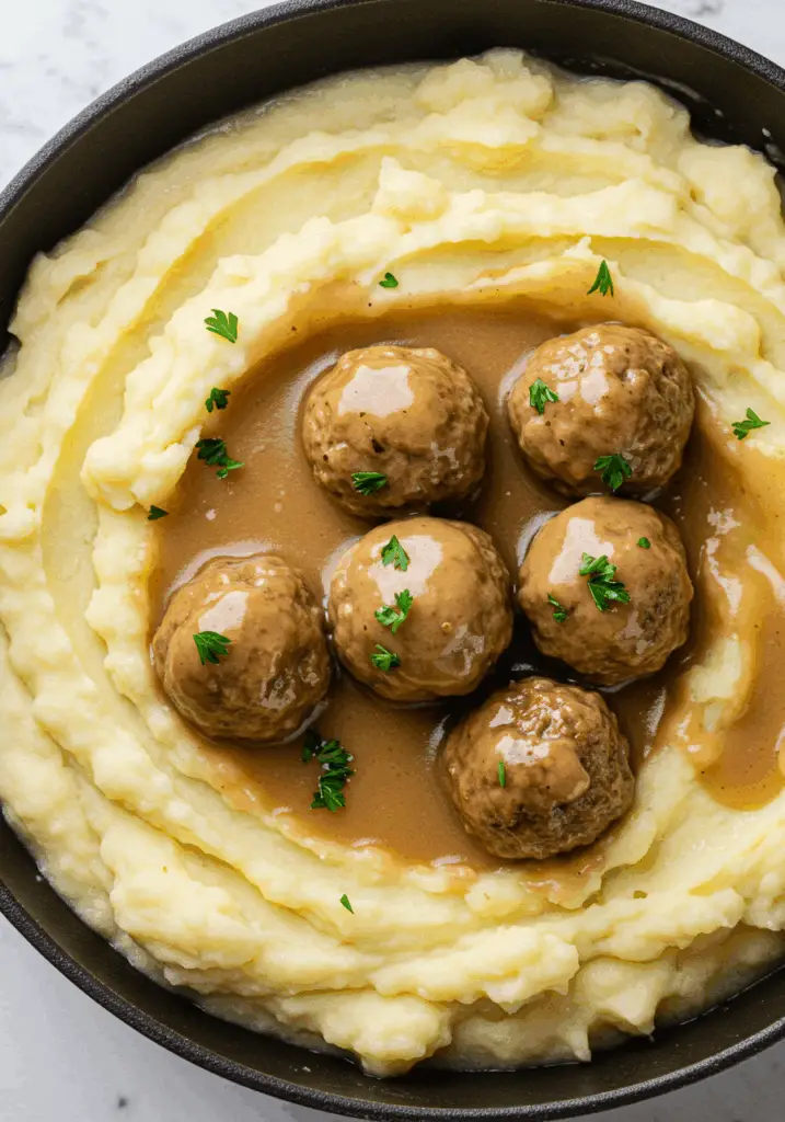 One Pot Mashed Potatoes with Meatballs & Gravy
