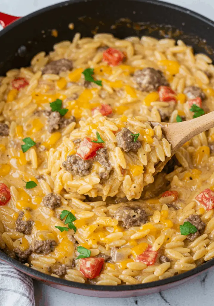 One-Pot Cheeseburger Orzo Skillet
