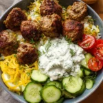 Gyro Bowls (Meatballs with Tzatziki, Lemon Rice, and Cucumber Salad)