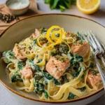 Bandnudeln mit Lachs und Spinat in cremiger Sauce