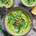 Cremige Kartoffel-Bärlauchsuppe mit Pinienkernen