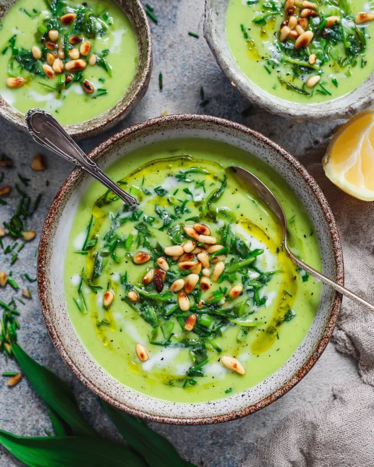 Cremige Kartoffel-Bärlauchsuppe mit Pinienkernen