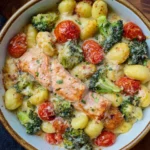 Cremiger Gnocchi Auflauf mit Lachs, Brokkoli und Tomaten