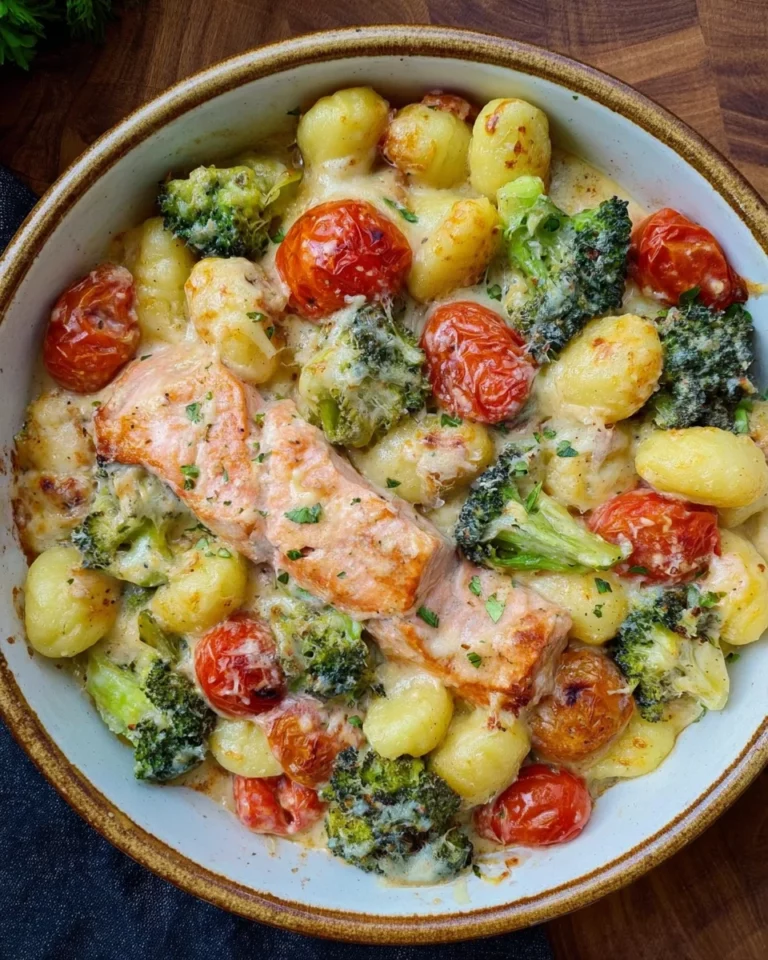 Cremiger Gnocchi Auflauf mit Lachs, Brokkoli und Tomaten