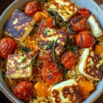 Halloumi Orzo Auflauf mit Kürbis und Kirschtomaten
