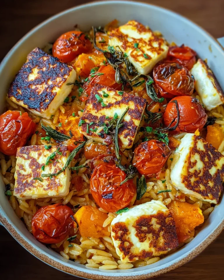 Halloumi Orzo Auflauf mit Kürbis und Kirschtomaten