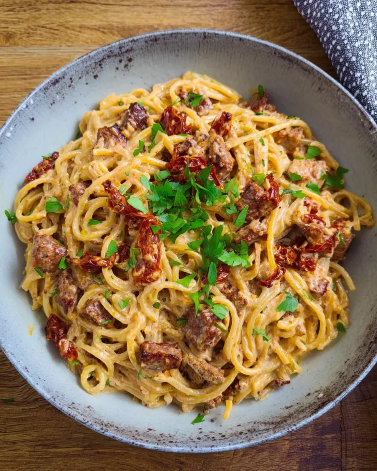 Spaghetti mit karamellisierten Zwiebeln, smoked beef und getrockneten Tomaten