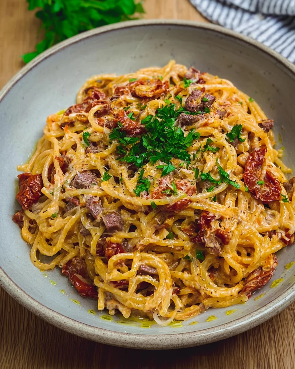Spaghetti mit karamellisierten Zwiebeln, smoked beef und getrockneten Tomaten image 2