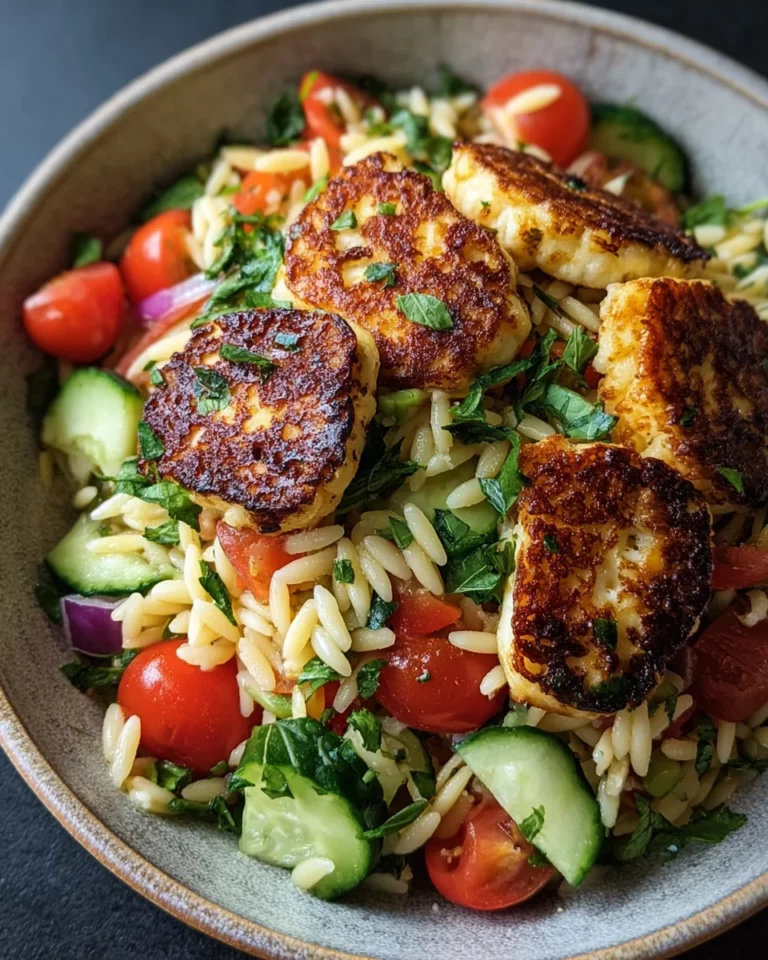 Kritharaki-Salat mit Halloumi-Croutons