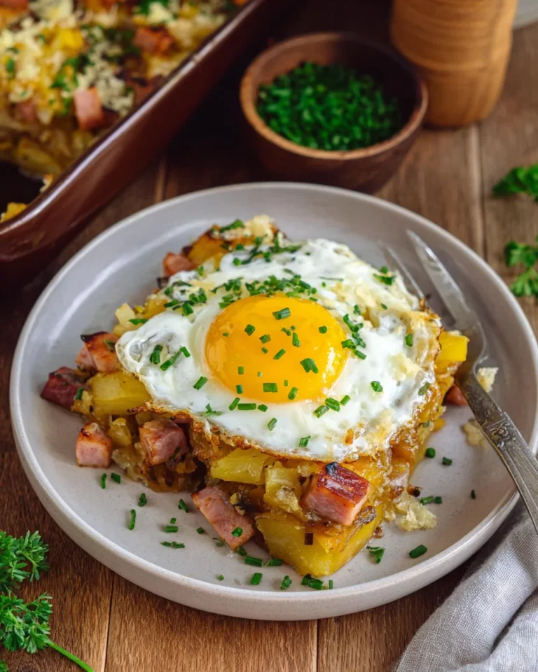Leberkäse-Kartoffelauflauf mit Spiegelei