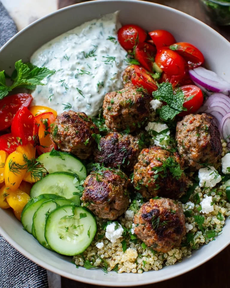 Mediterrane Fleischbällchen-Grain-Bowl mit cremigem Tzatziki