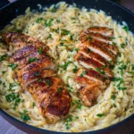 Orzo One Pot Pasta Alfredo mit gebratenem Hähnchen