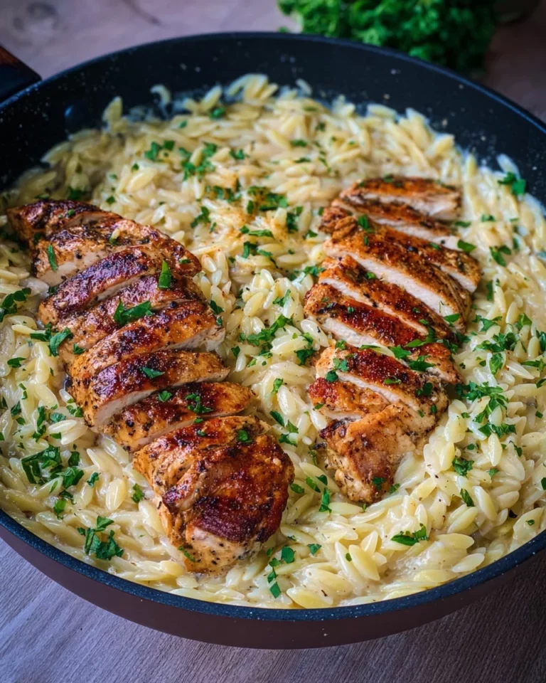 Orzo One Pot Pasta Alfredo mit gebratenem Hähnchen