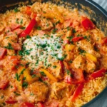 Paprika-Hähnchen-Pfanne mit Reis - cremig & lecker
