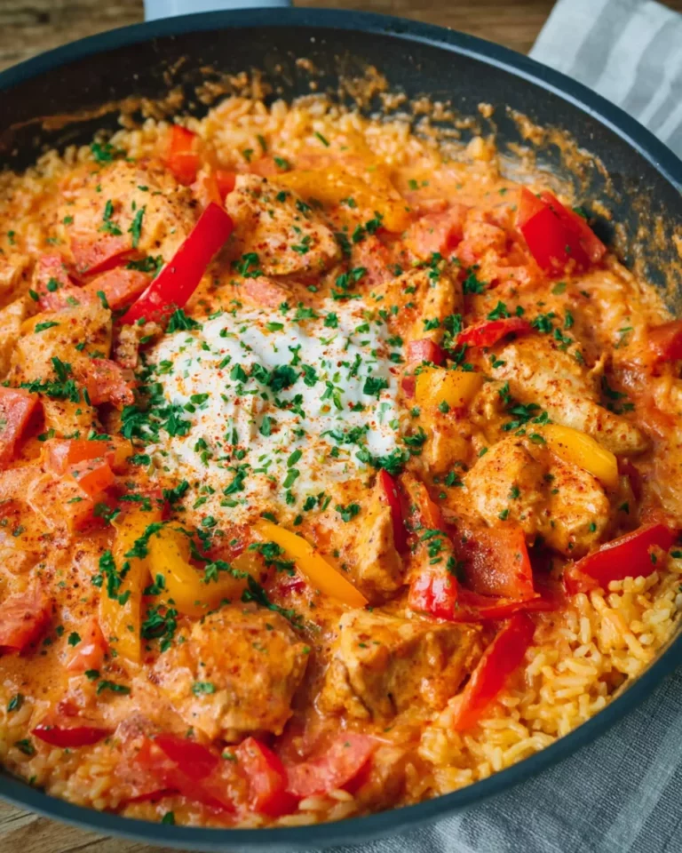 Paprika-Hähnchen-Pfanne mit Reis - cremig & lecker