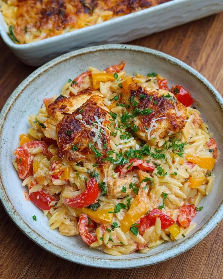Paprika Sahne Hähnchen mit Orzo Nudeln aus dem Ofen