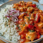 Paprika Sahne Hähnchen mit Reis