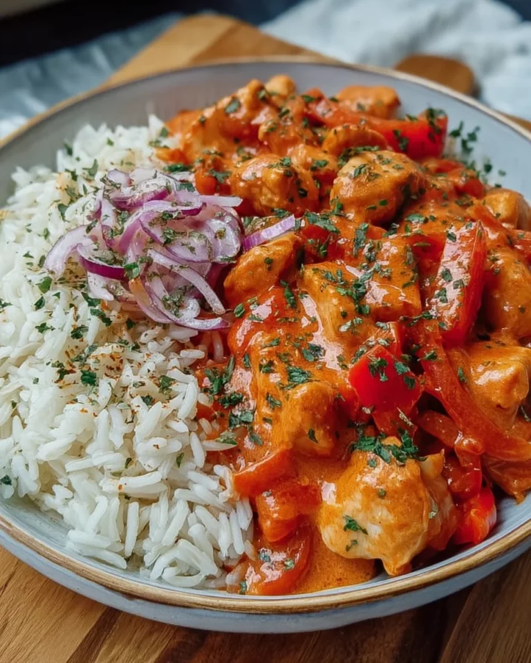 Paprika Sahne Hähnchen mit Reis