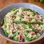 Spargel Orzo Pasta mit putenschinken