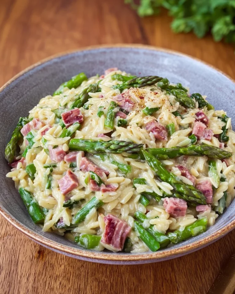 Spargel Orzo Pasta mit putenschinken