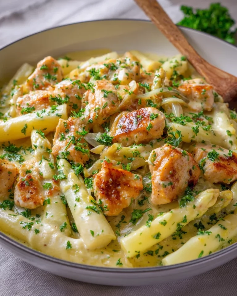 Spargelpfanne mit Hähnchen in Sahnesoße – einfach & cremig