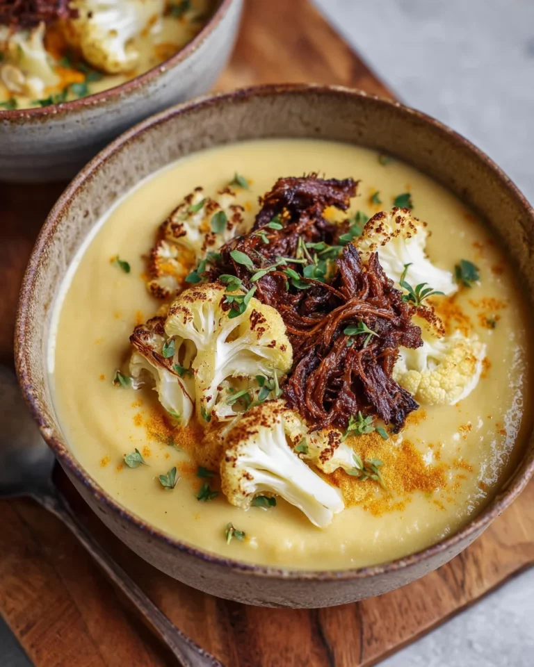 Vegane Blumenkohlsuppe mit Kokos-smoked beef