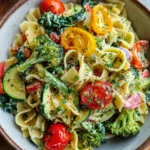 Vegane Pasta Primavera mit cremiger Knoblauch-Cashew-Sauce
