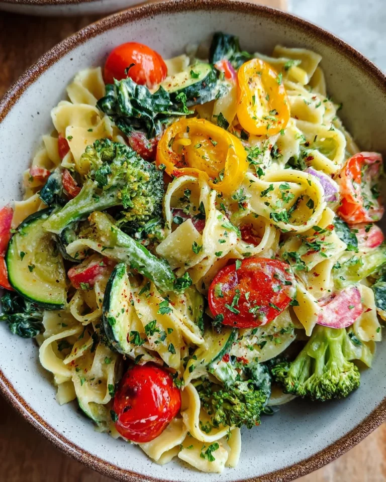 Vegane Pasta Primavera mit cremiger Knoblauch-Cashew-Sauce