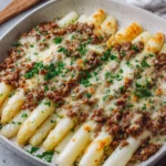 Weißer Spargel mit Hackfleisch – herzhaft & überbacken
