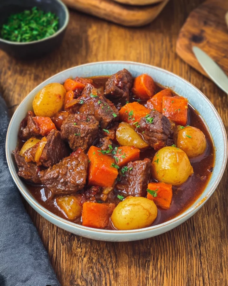 Zarter Gulasch Eintopf mit Kartoffeln und Möhren
